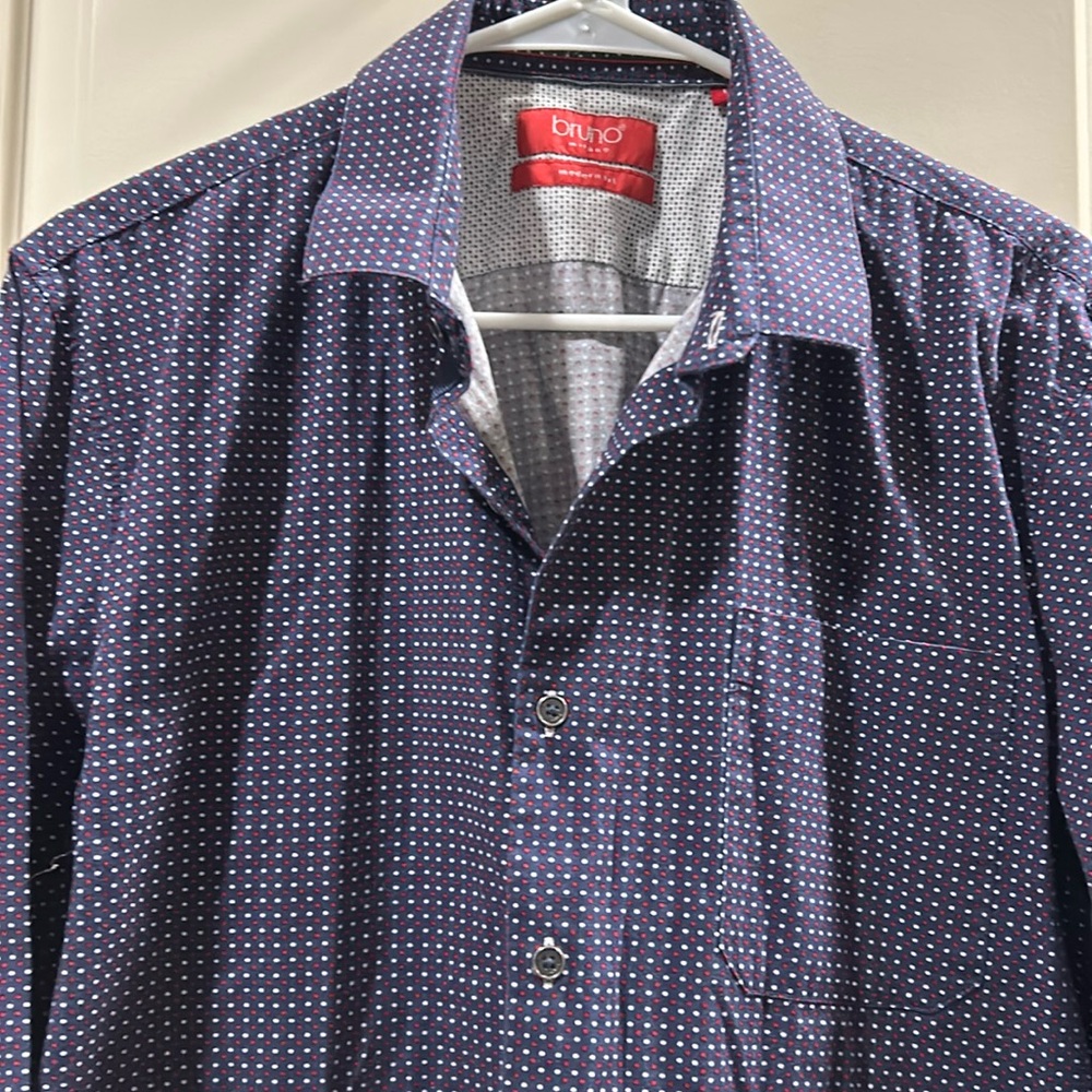 Bruno Milano Modern Fit Dot Pattern Button Down Dress Shirt L blue red white